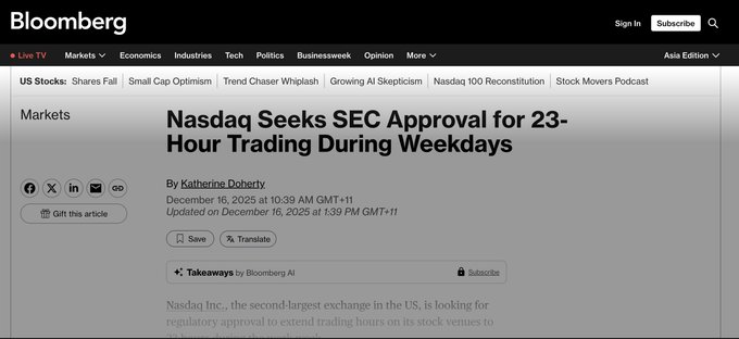 纳斯达克拟推23小时交易，要为链上股票与代币化资产铺好最后一段路