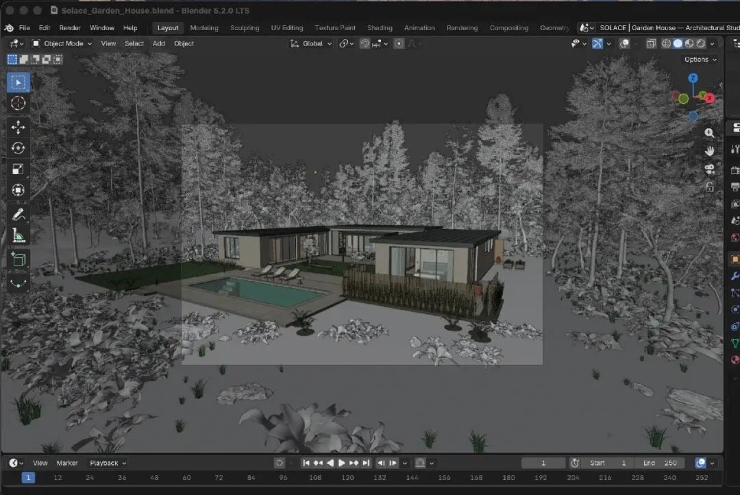 A garden house model in Blender, surrounded by trees, with a pool and outdoor seating.